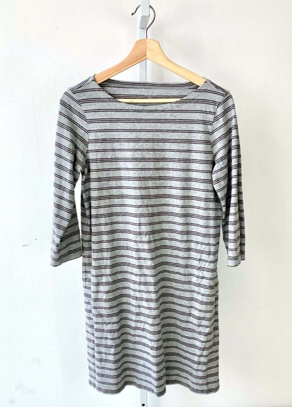 GARNET HILL 8 Organic Cotton Bateau Neck Dress Striped 3/4 Sleeve Shift Gray